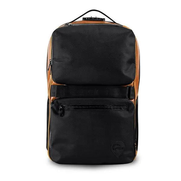 The Skunk SoHo Smell Proof Weather Proof Back Pack by Skunk features a rectangular black design with brown sides, two front zippered pockets, top handle, activated carbon lining for odor protection, and a combo lock, shown against a white background.